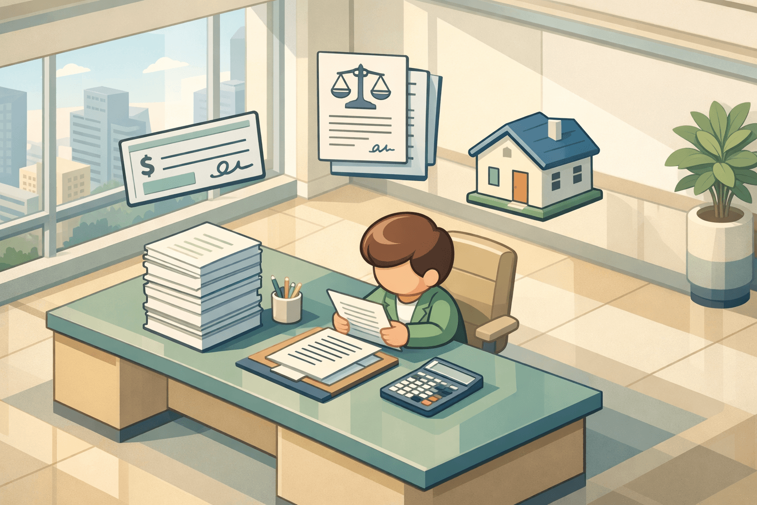 A person reviews commission income documents and a calculator at a desk to determine their mortgage debt-to-income ratio