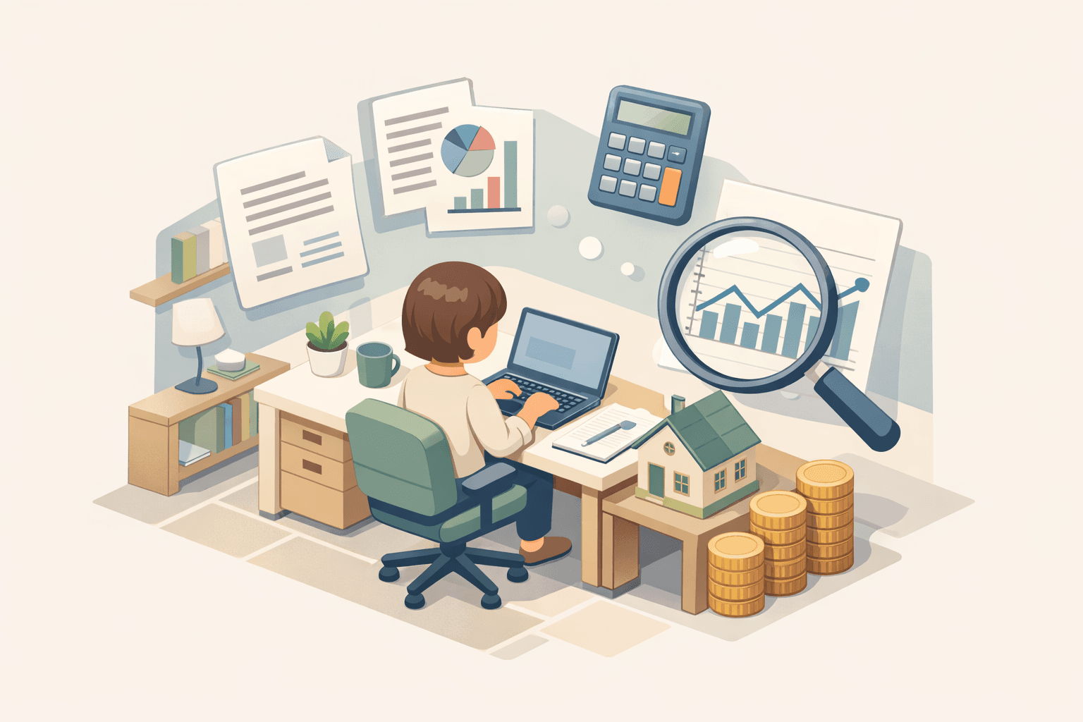 A freelancer reviews income documents and financial calculations at a home office desk with a small house model nearby.