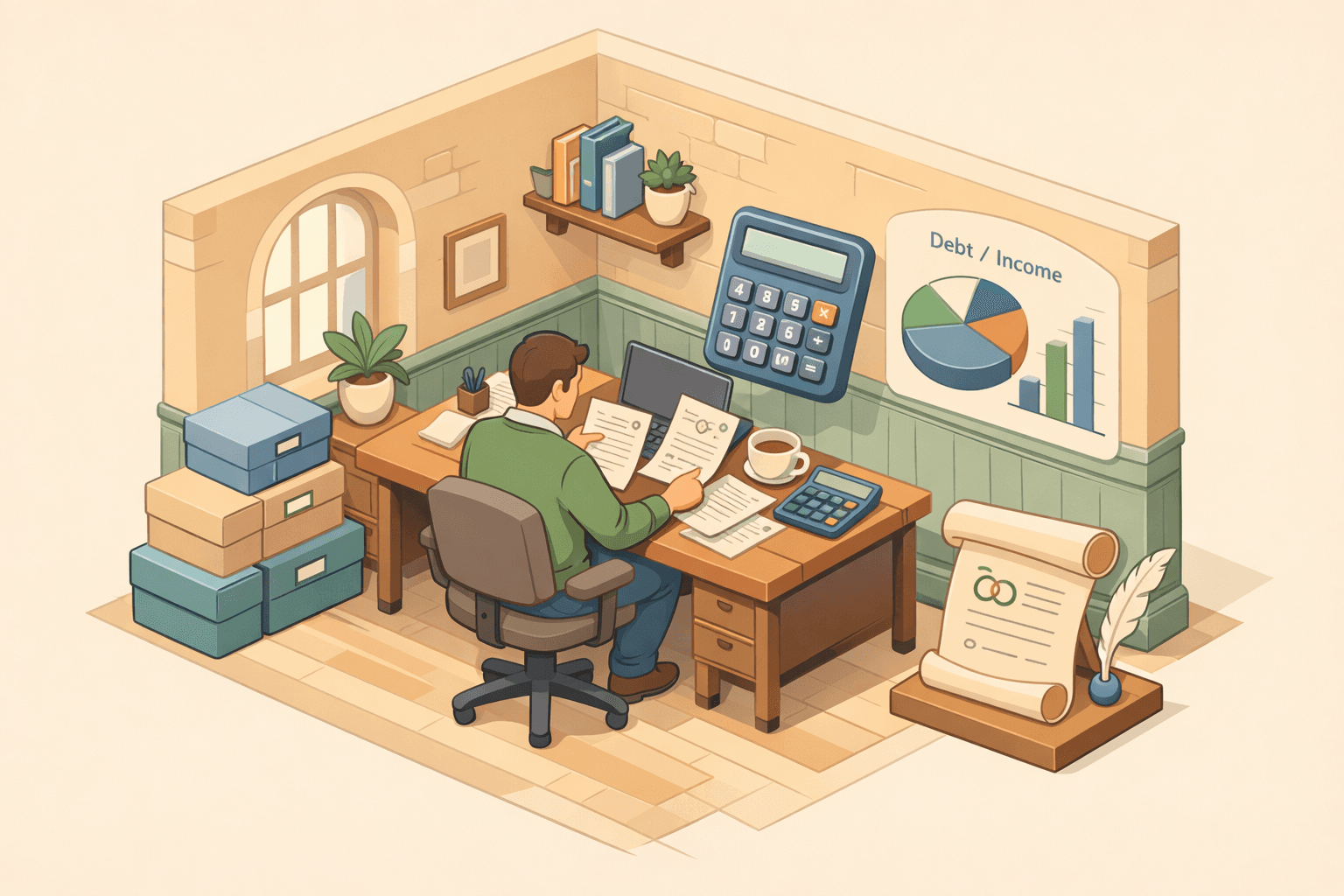 A freelancer reviews 1099 tax documents and alimony paperwork at a home office desk while calculating their mortgage debt-to-income ratio.
