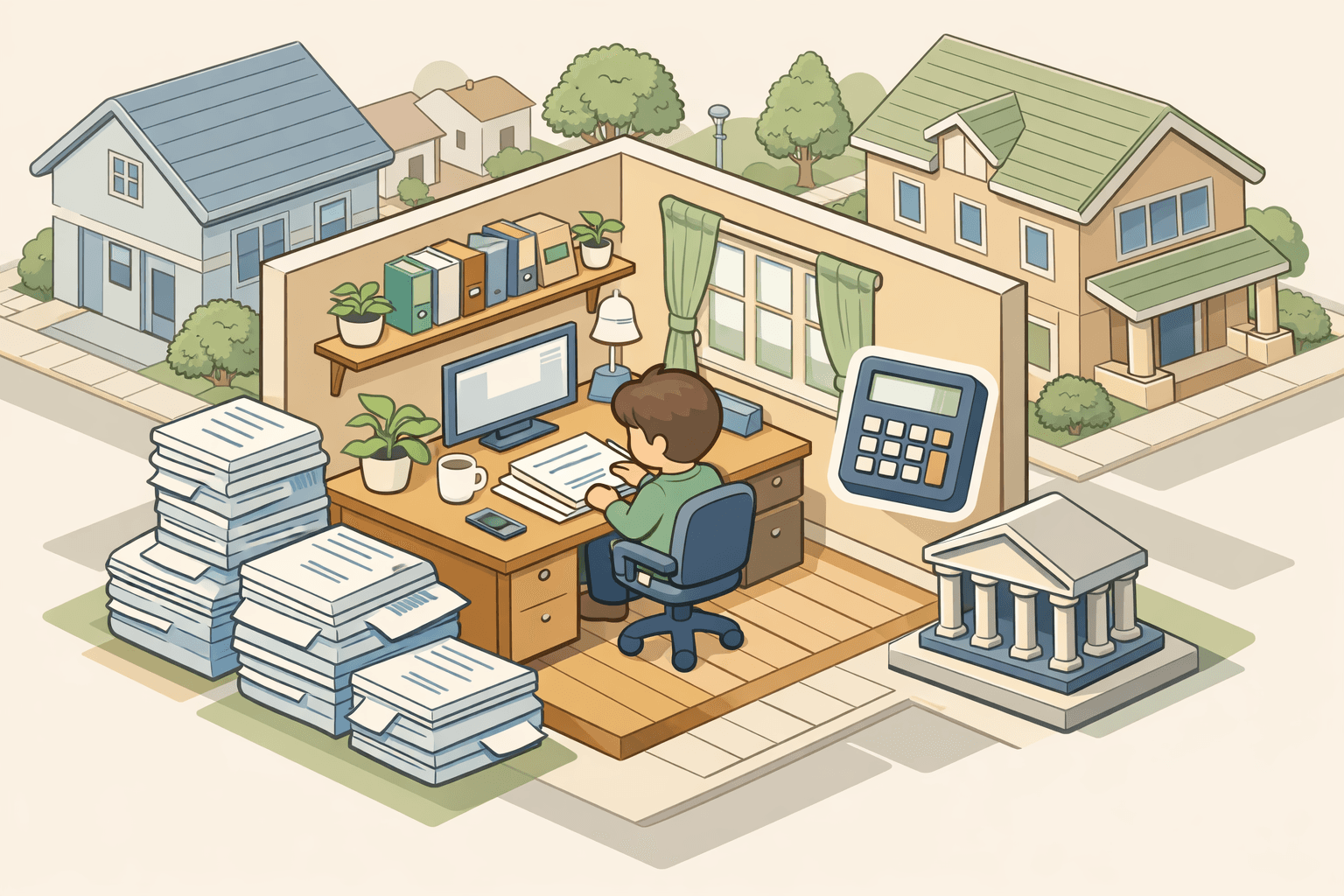 A freelance worker reviews income documents and debt calculations at a home office desk near a small house