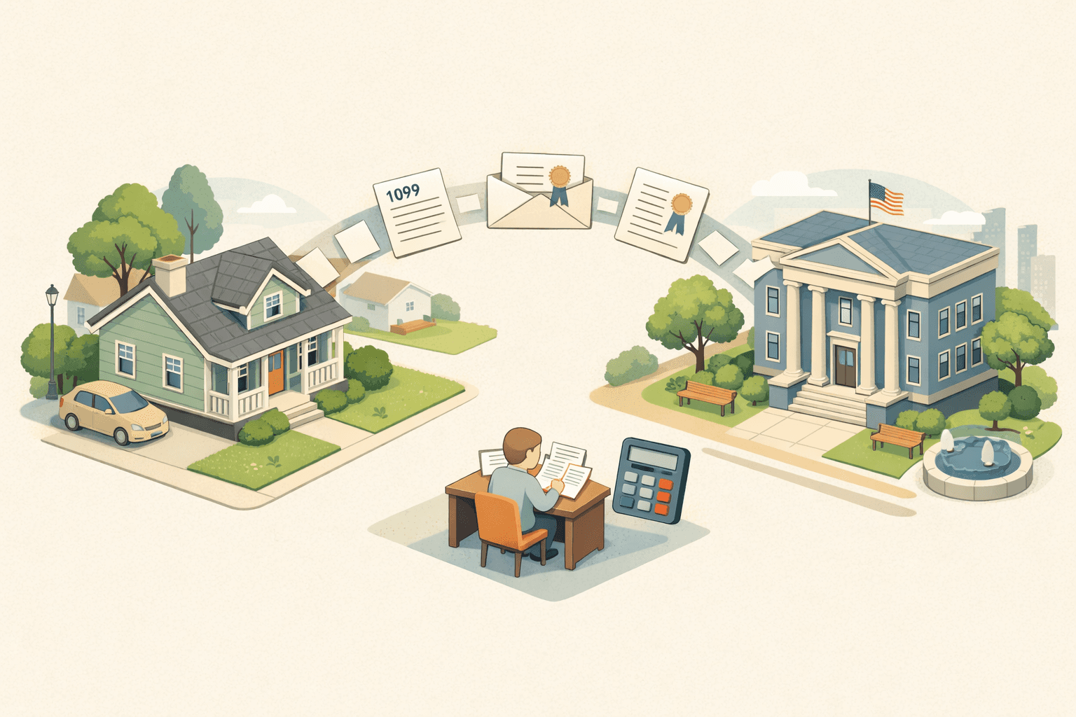 A freelancer and retiree reviewing mortgage documents with income forms and a calculator at a desk near a house