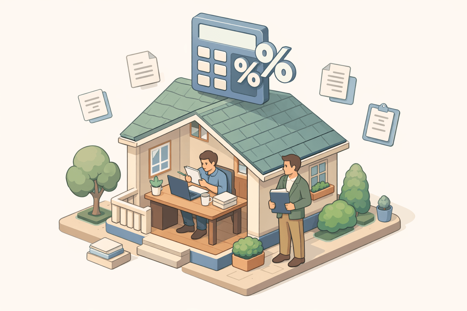 A freelancer and co-signer reviewing mortgage documents beside a calculator and a small house model