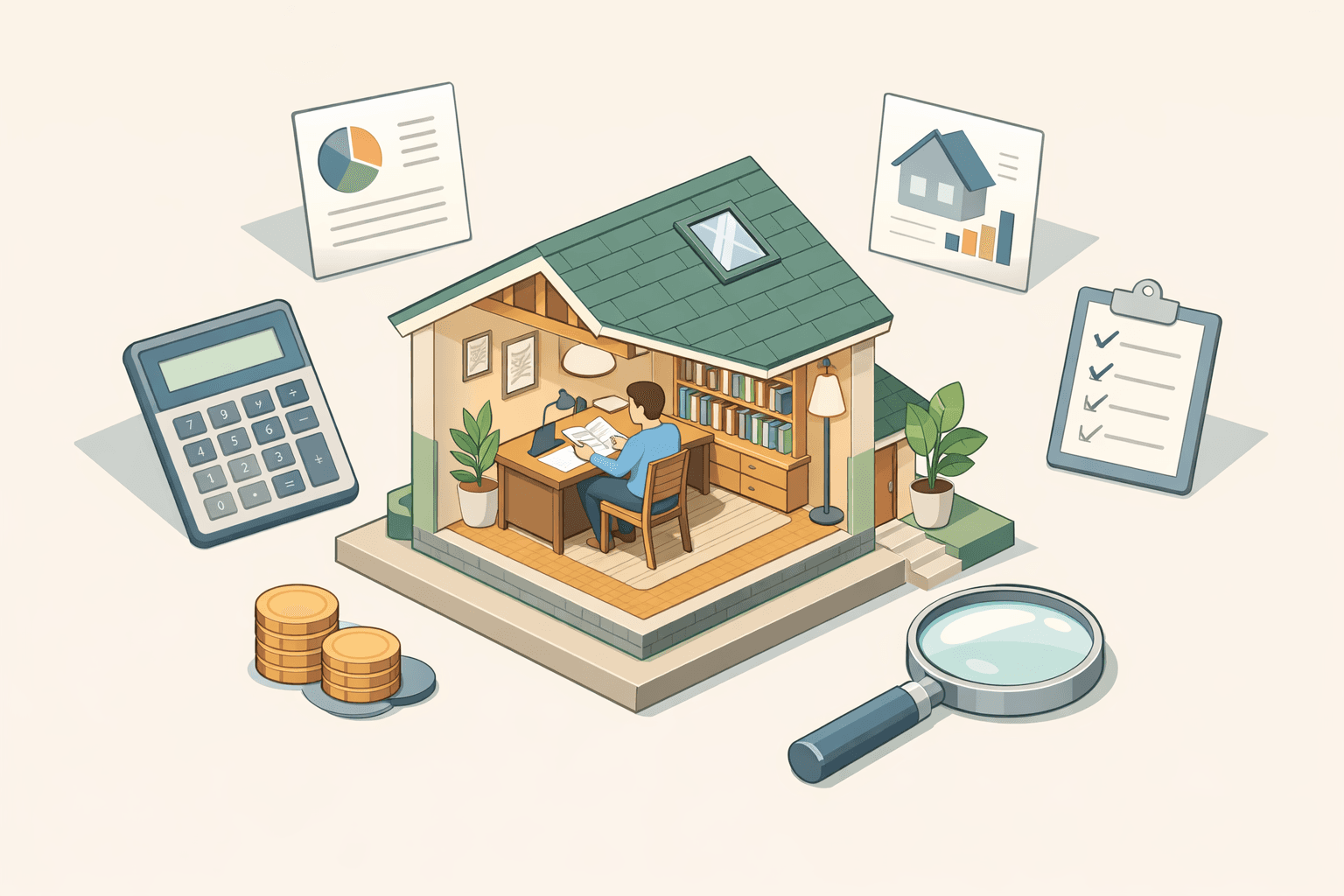 A freelancer reviewing income documents and a calculator at a desk while planning a mortgage application
