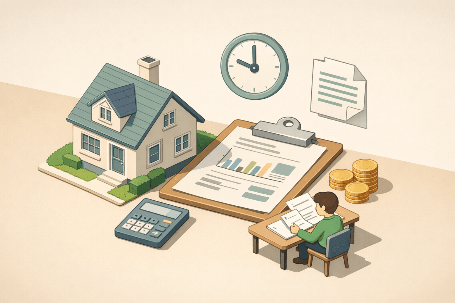 A person reviews mortgage documents at a desk beside a small house model, a calculator, and stacked coins representing income planning.