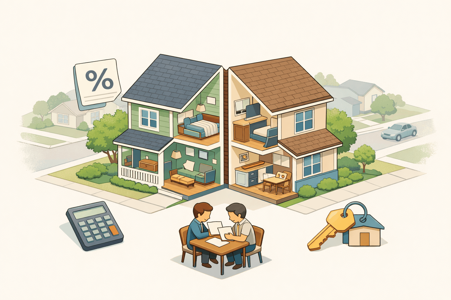 Two co-owners reviewing mortgage documents beside an inherited house with a calculator and ownership paperwork nearby