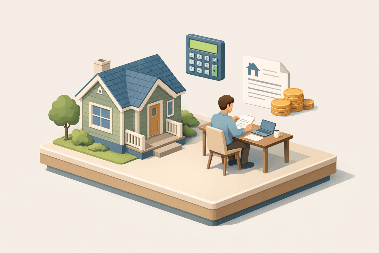A person reviews financial documents at a desk beside a small house model, representing mortgage DTI calculations involving bonus income and child support.