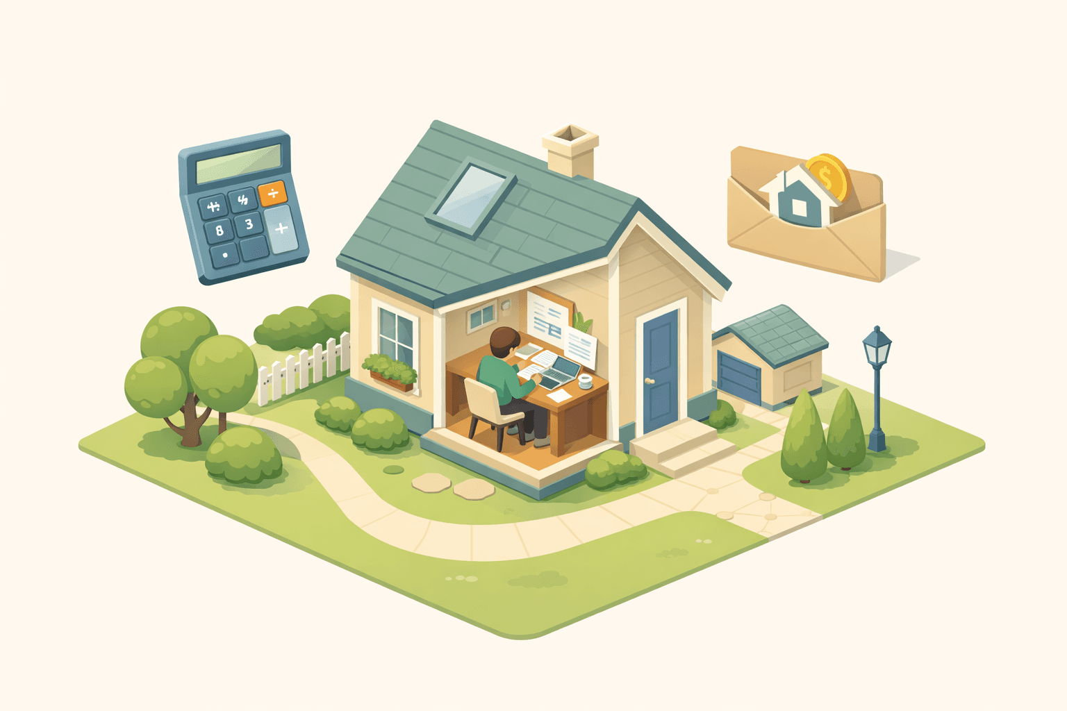 A person reviews financial documents at a desk near a small house, with a calculator and inheritance letter nearby.