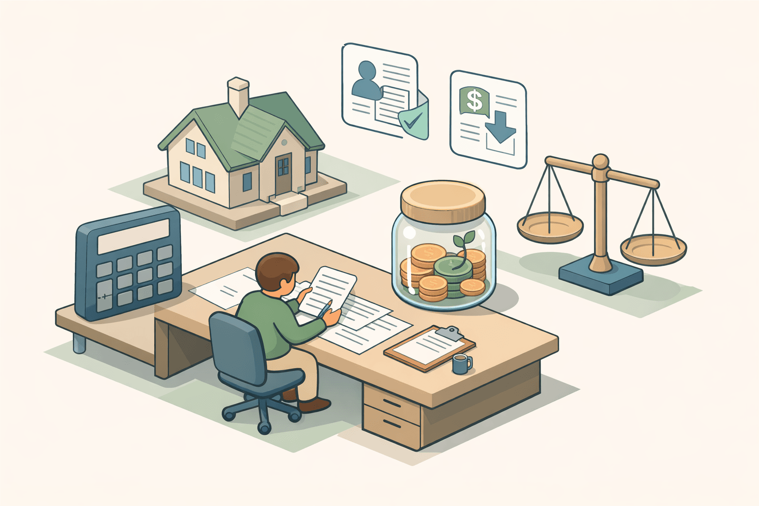 A person reviews financial documents at a desk with a house model and calculator nearby, representing mortgage income calculations.