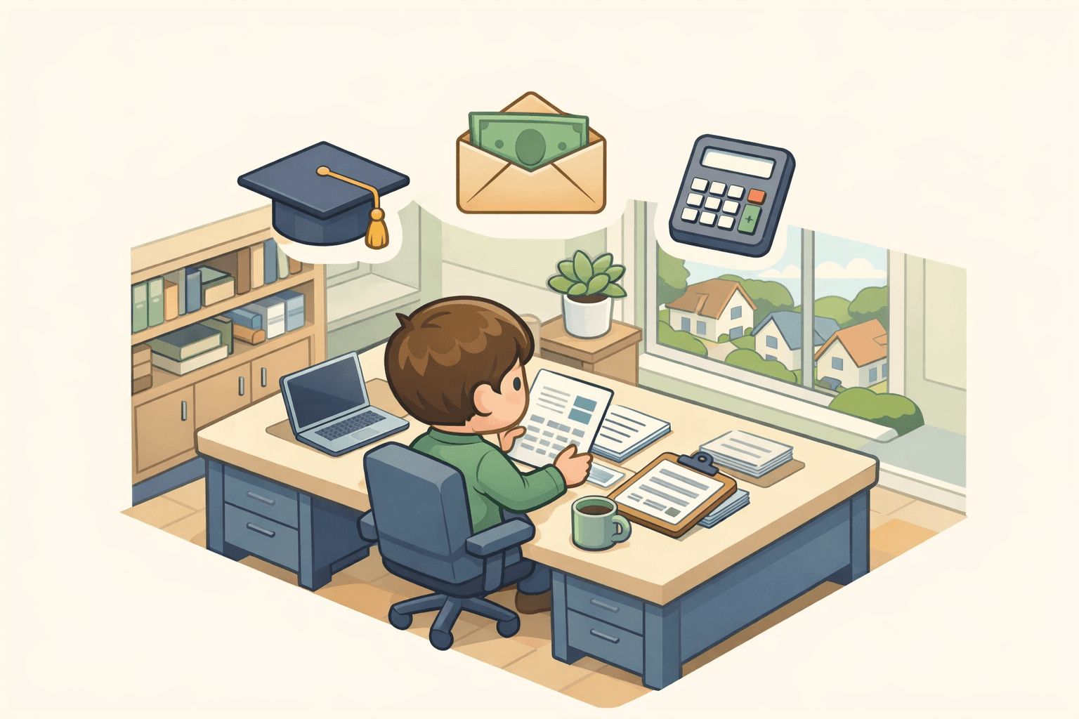 A person reviewing financial documents at a home office desk with icons representing student loans and severance pay nearby
