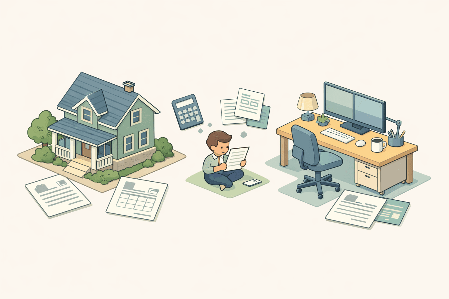A landlord and freelancer reviewing mortgage documents beside a rental property and home office setup