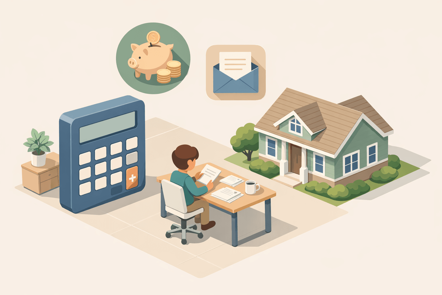 A person reviews financial documents at a desk with a house, calculator, and retirement account icons nearby.