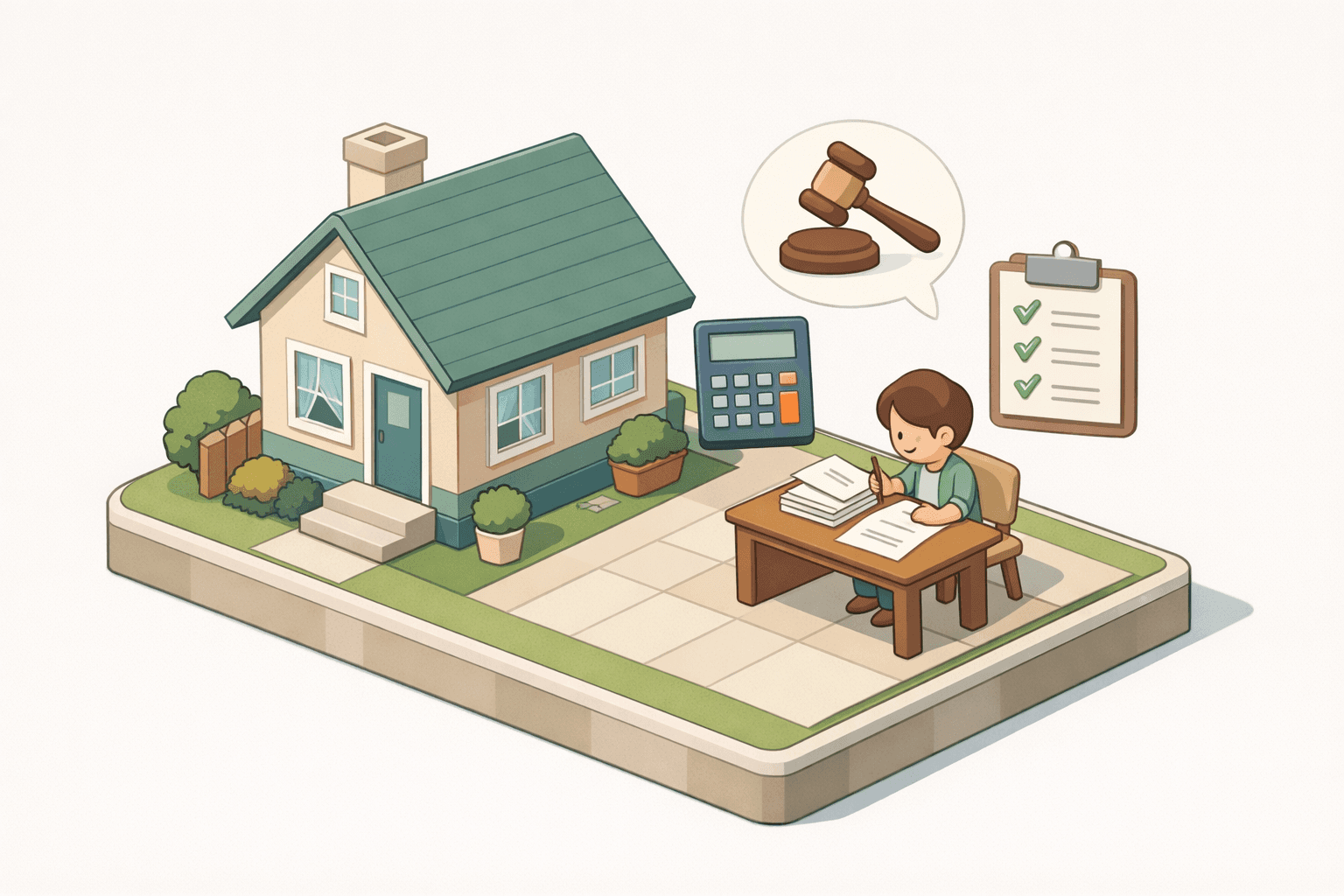 A person reviews financial documents at a desk beside a house model with a calculator and legal decree icons nearby