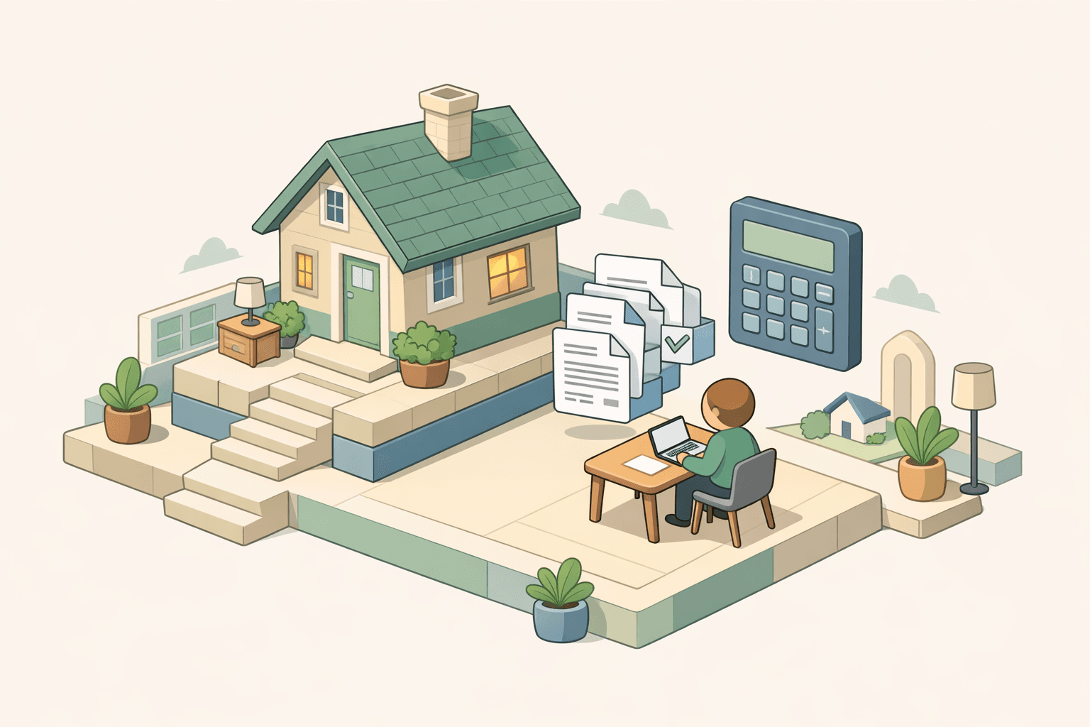 A person reviews income documents and a calculator to estimate FHA loan affordability using overtime pay