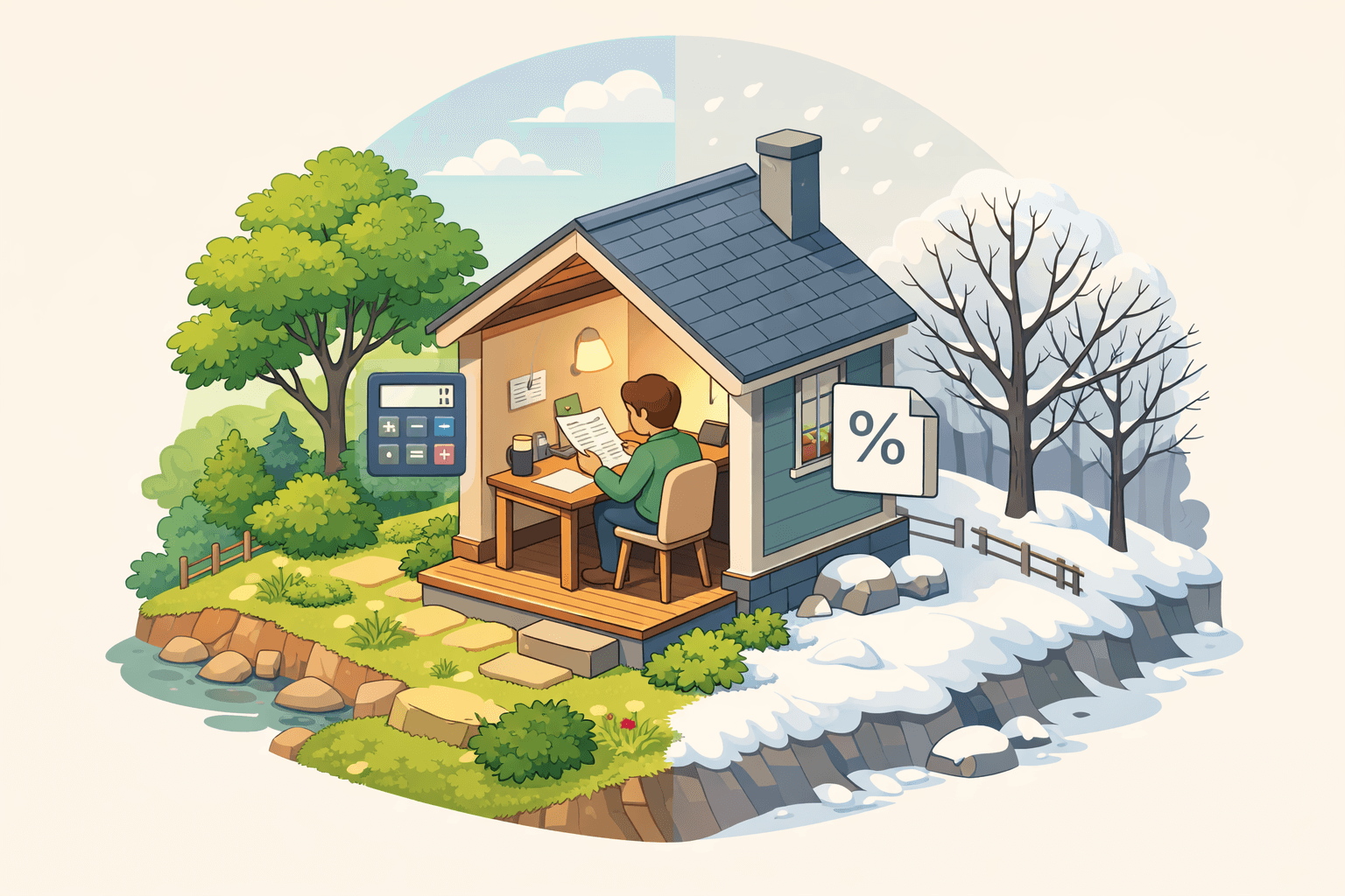 A seasonal worker reviews FHA loan affordability documents at a desk inside a small house surrounded by changing seasons.