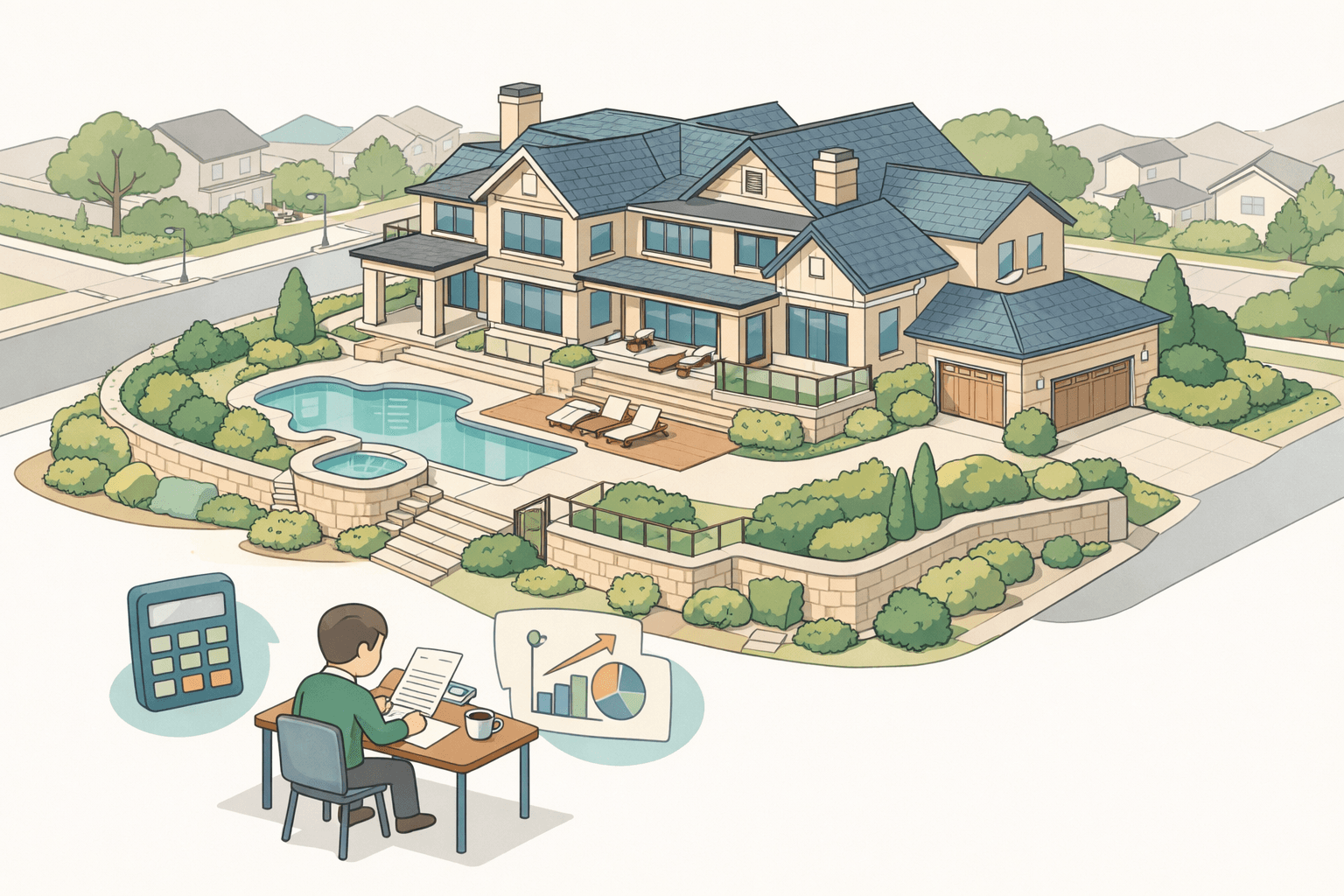 A luxury home with a figure reviewing income documents and a floating calculator icon representing jumbo mortgage affordability planning