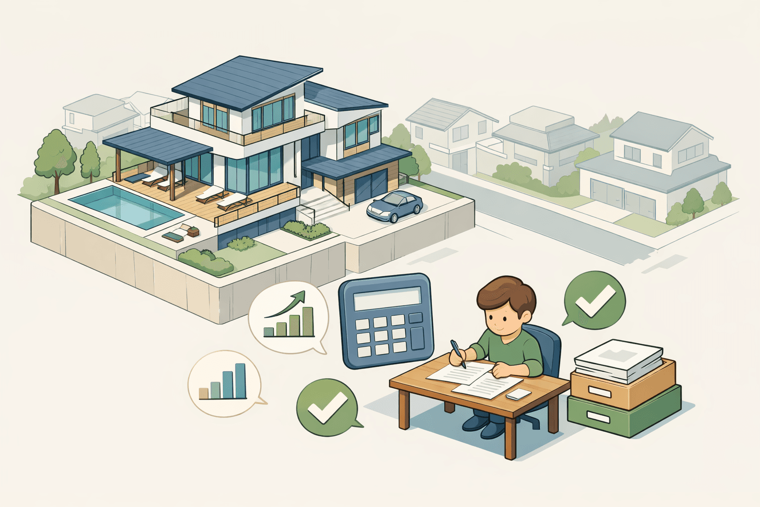 A person reviews jumbo mortgage documents at a desk beside a large house with income and calculator icons nearby