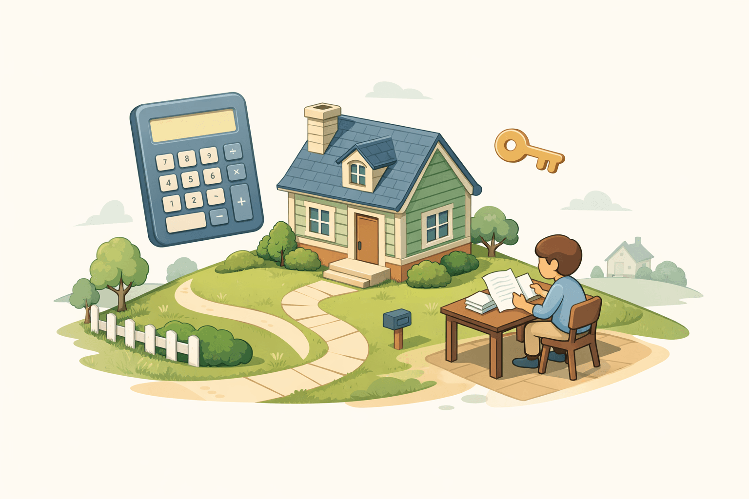 A first time homebuyer reviews mortgage affordability documents beside a calculator at a desk near a small house model.