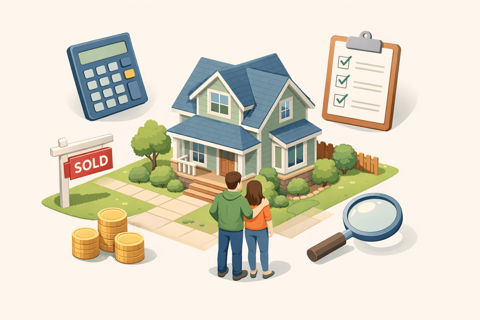 First-time homebuyers reviewing mortgage affordability calculations in front of a house with a calculator and document icons nearby