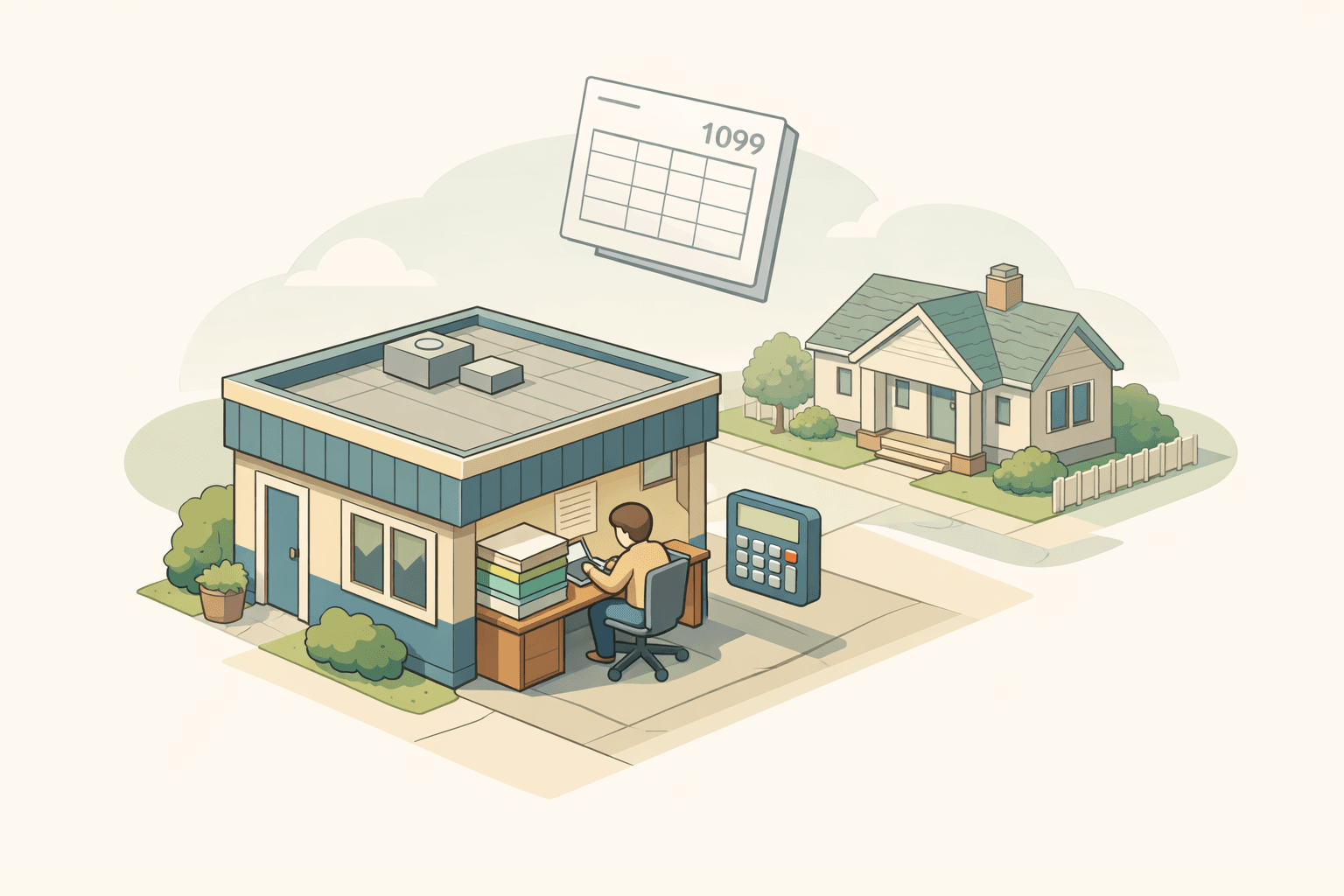 A freelancer reviewing income documents at a home office desk with a house and calculator visible in the background