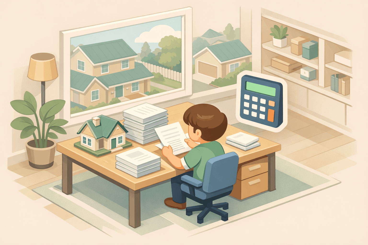 A freelancer reviews mortgage documents at a home office desk with a small house model and calculator nearby