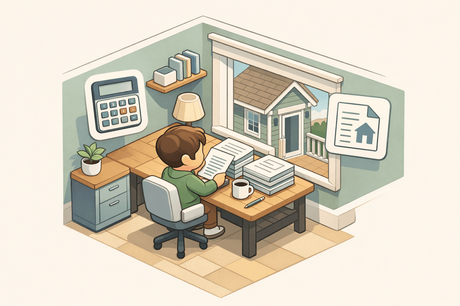 A freelancer at a home desk reviewing income documents and calculating mortgage affordability as a self-employed borrower.
