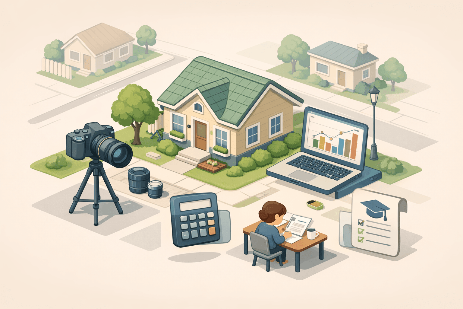 Freelance photographer reviewing mortgage affordability documents at a desk beside a camera and financial calculator