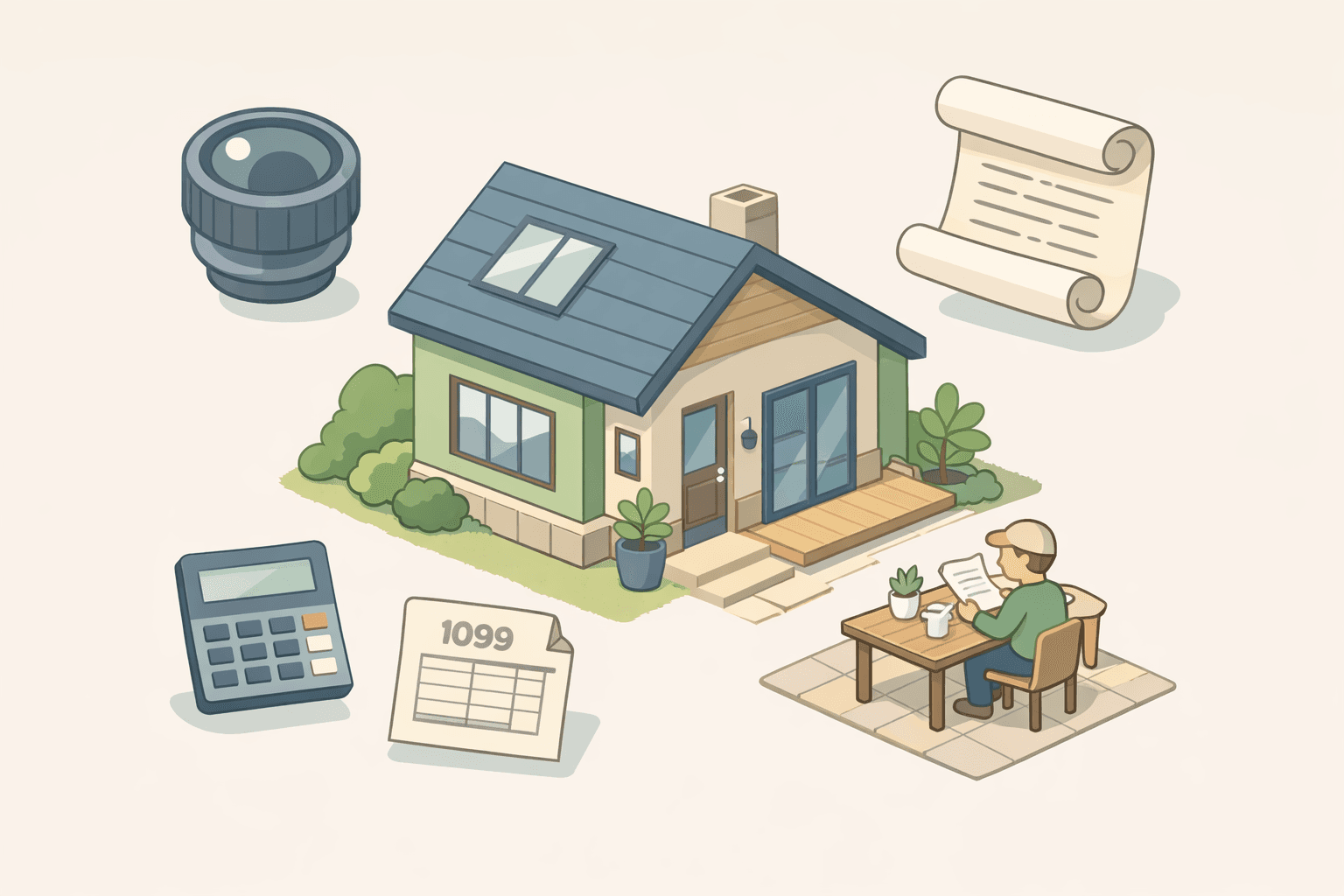 A freelance photographer reviewing mortgage documents at a home studio desk with a camera and calculator nearby