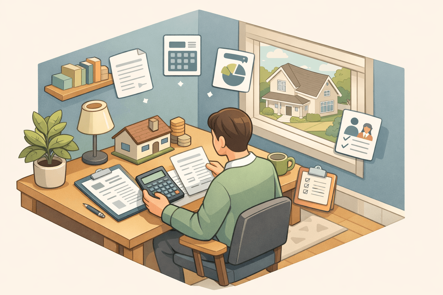A self-employed person reviewing mortgage documents and a calculator at a home office desk with a house model nearby.