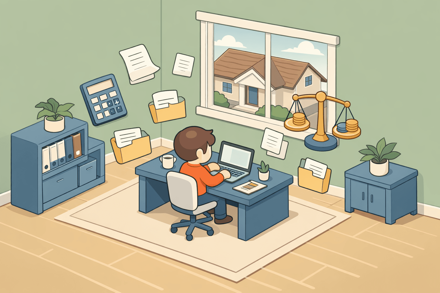 A self-employed person reviewing income documents and mortgage paperwork at a home office desk with a calculator nearby