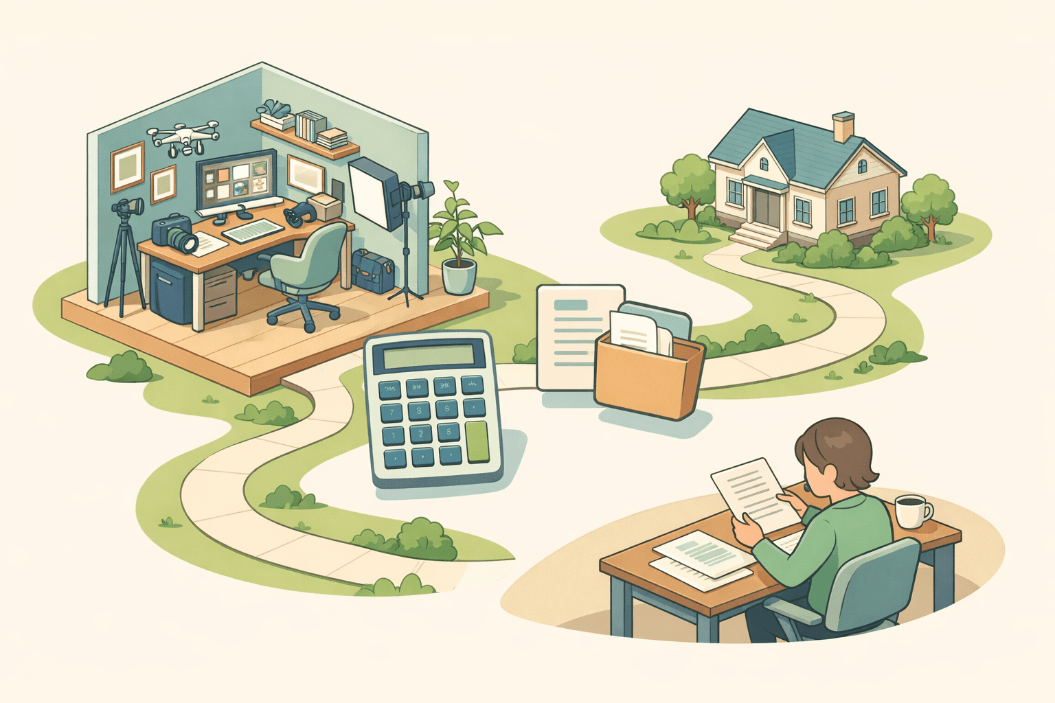 A freelance photographer reviewing mortgage documents at a home office desk with a small house in the background
