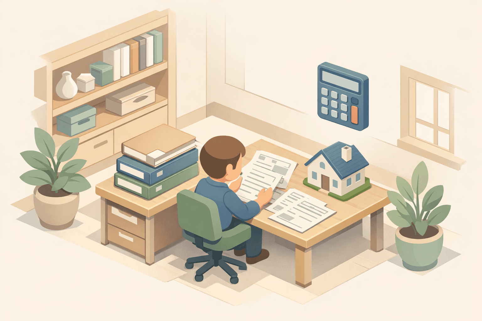 A freelancer reviews 1099 tax documents at a home office desk while calculating mortgage affordability for multiple income sources.