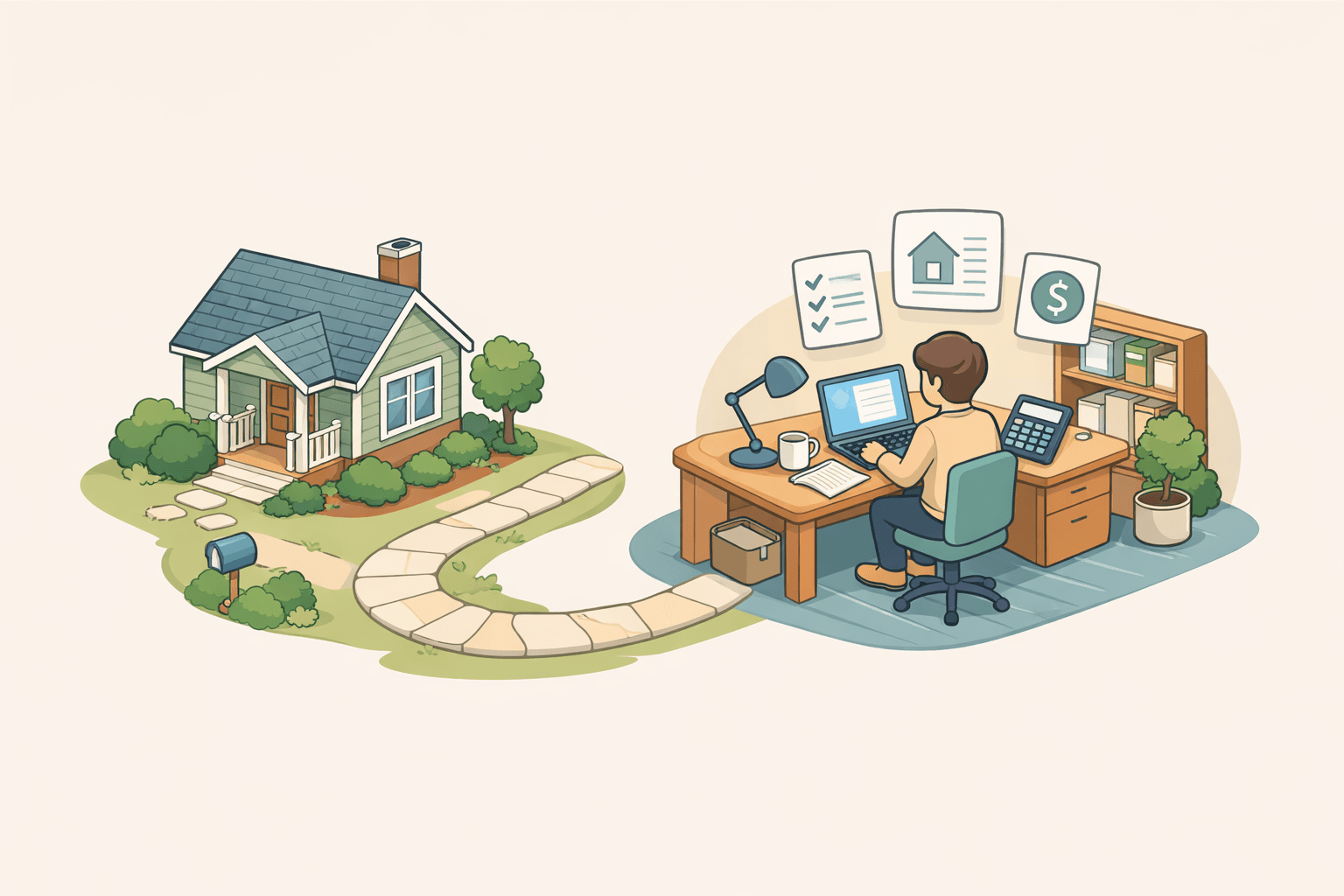 A person reviews mortgage documents and income records at a home office desk while calculating affordability from side hustle earnings.