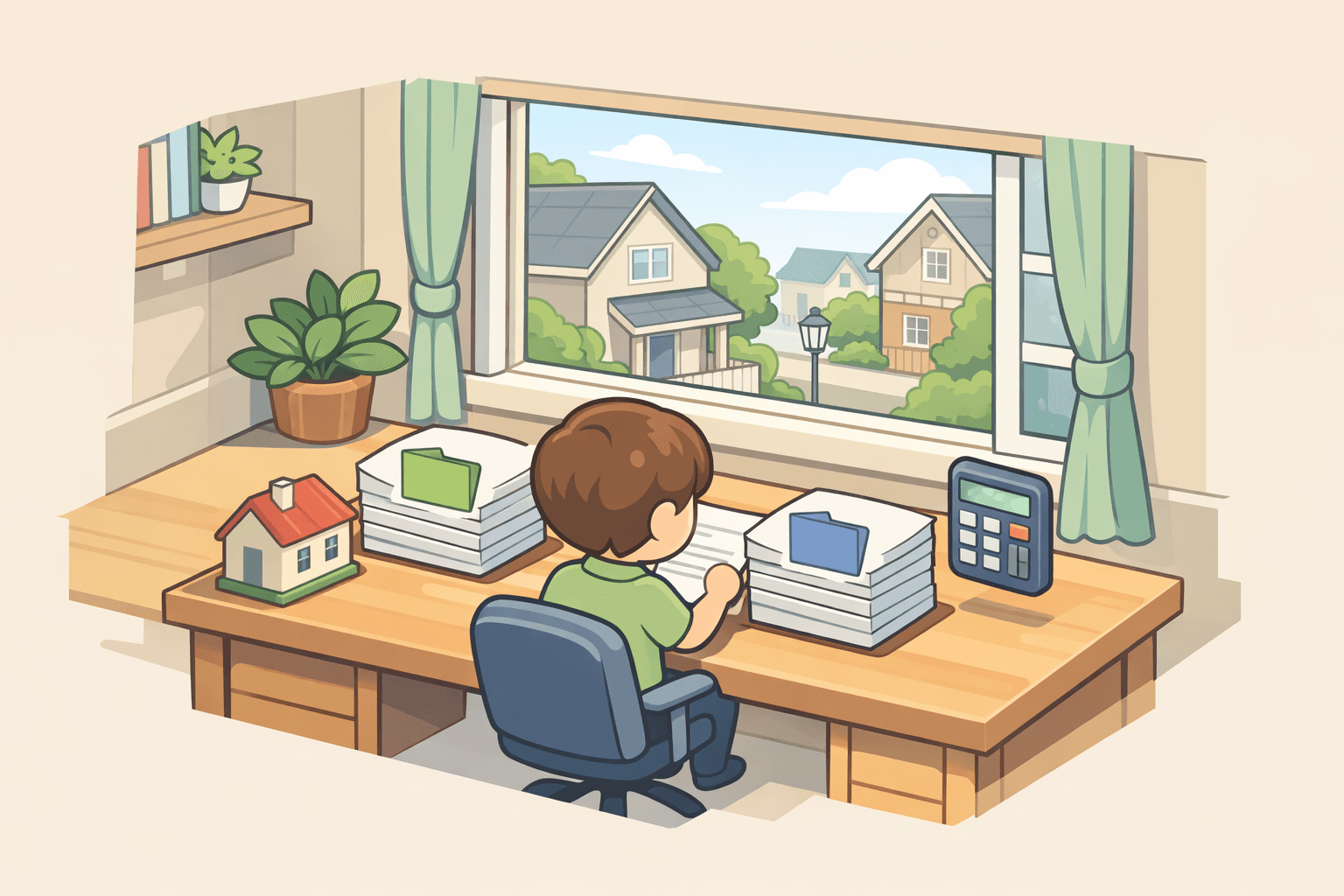 A person at a home office desk reviewing two income documents with a calculator and a small house model nearby.
