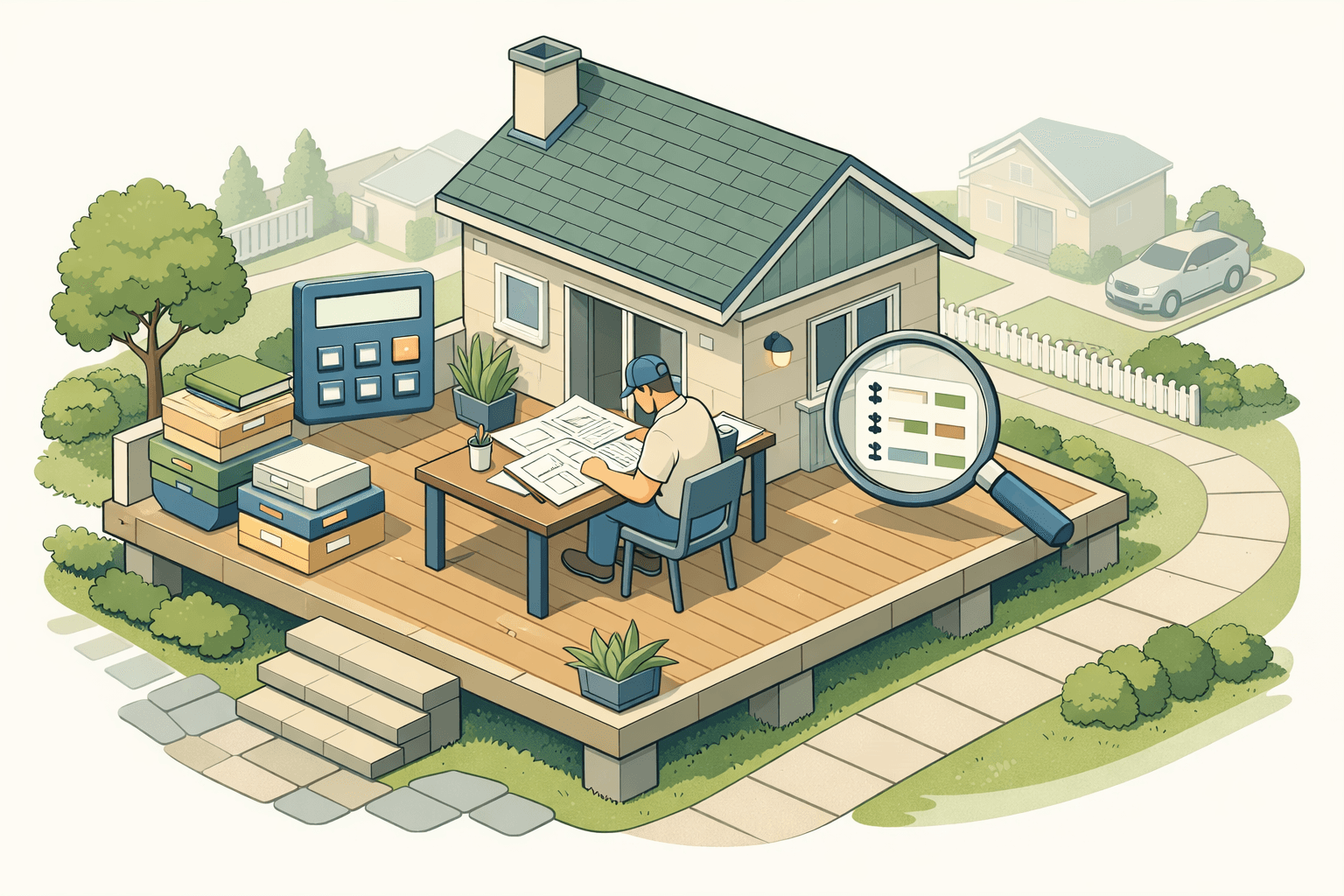 Self-employed contractor reviewing mortgage documents at a desk outside a small home with a calculator nearby