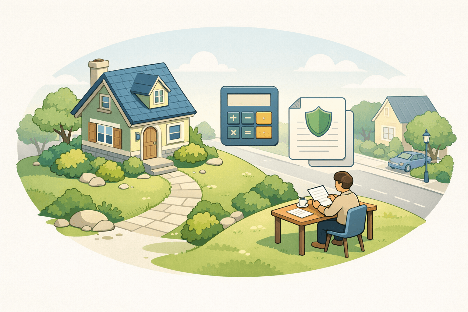 A person reviews mortgage documents at a desk beside a small house, with a calculator and financial papers nearby.