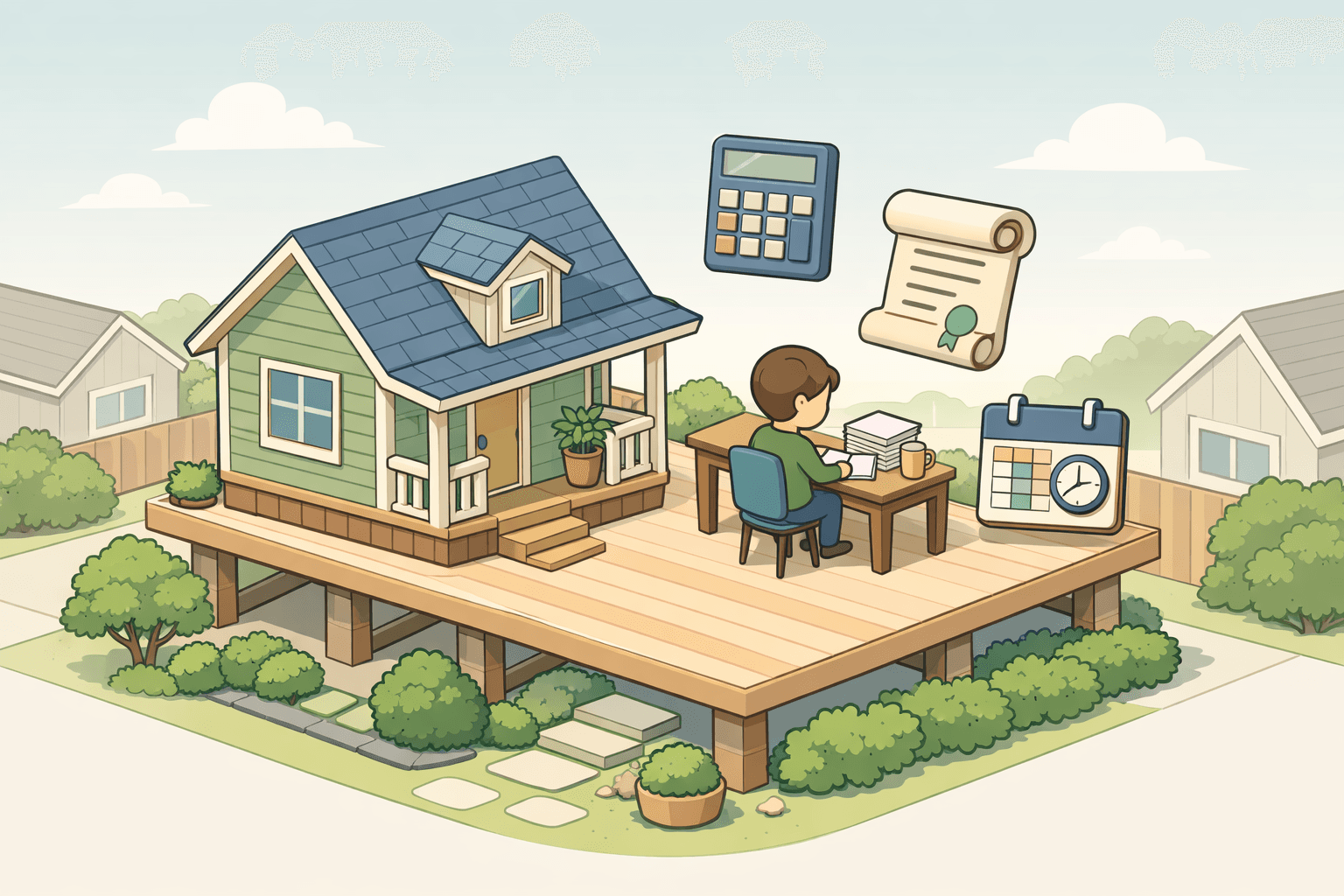 A person reviews mortgage documents at a desk beside a small house, with icons representing alimony and part-time income floating nearby.