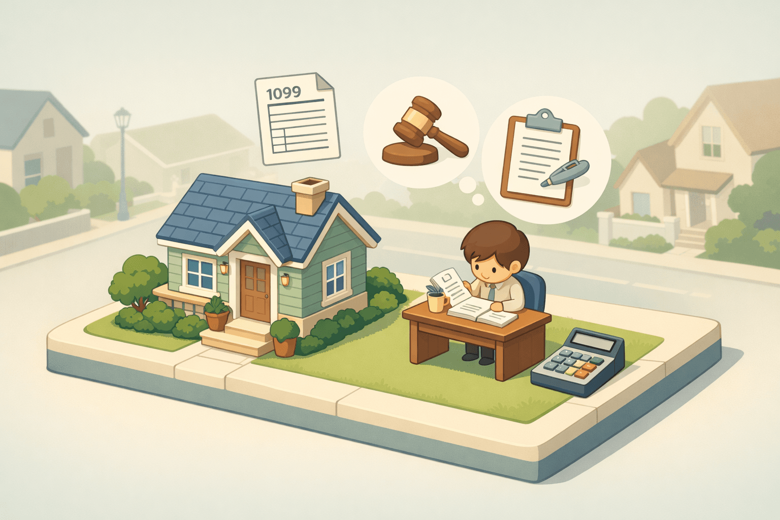 A person reviews mortgage documents beside a house with icons representing alimony and freelance income floating nearby.