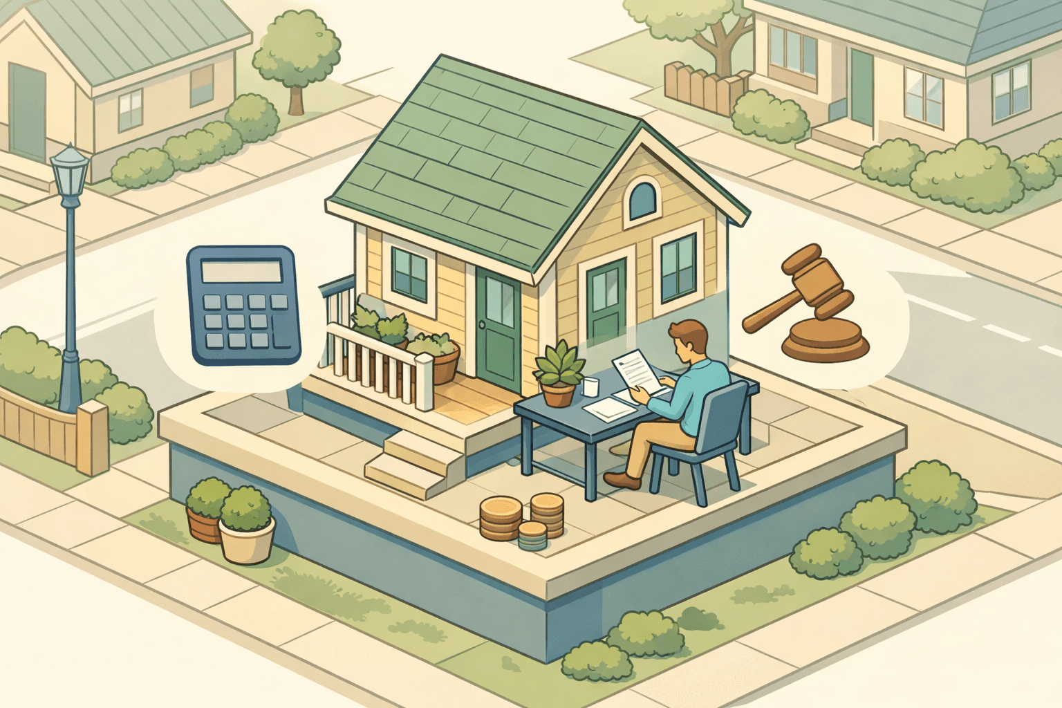 A person reviewing mortgage documents at a desk with a house model, calculator, and legal agreement nearby