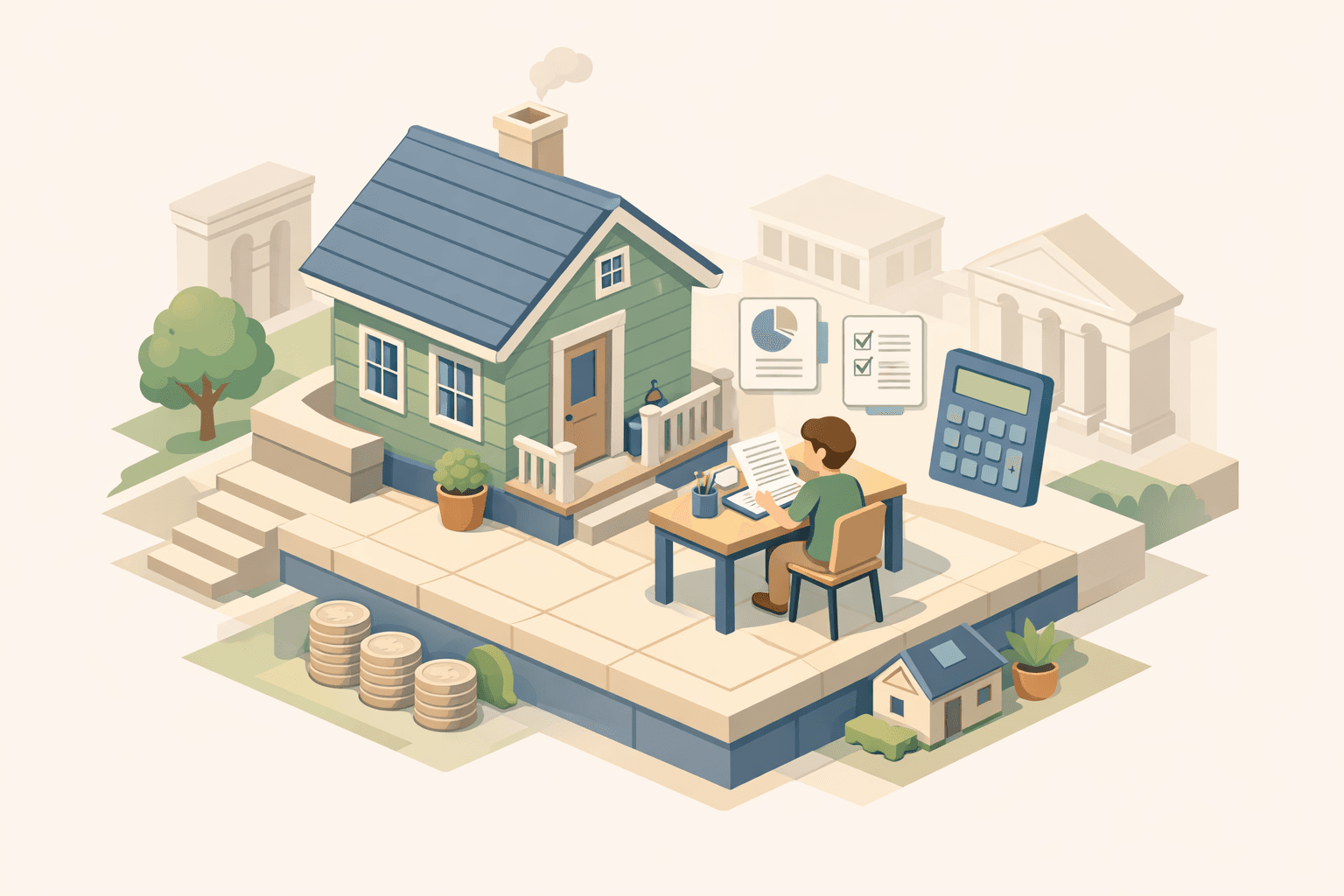 A person reviewing mortgage documents at a desk with a house model and calculator nearby in a calm office setting