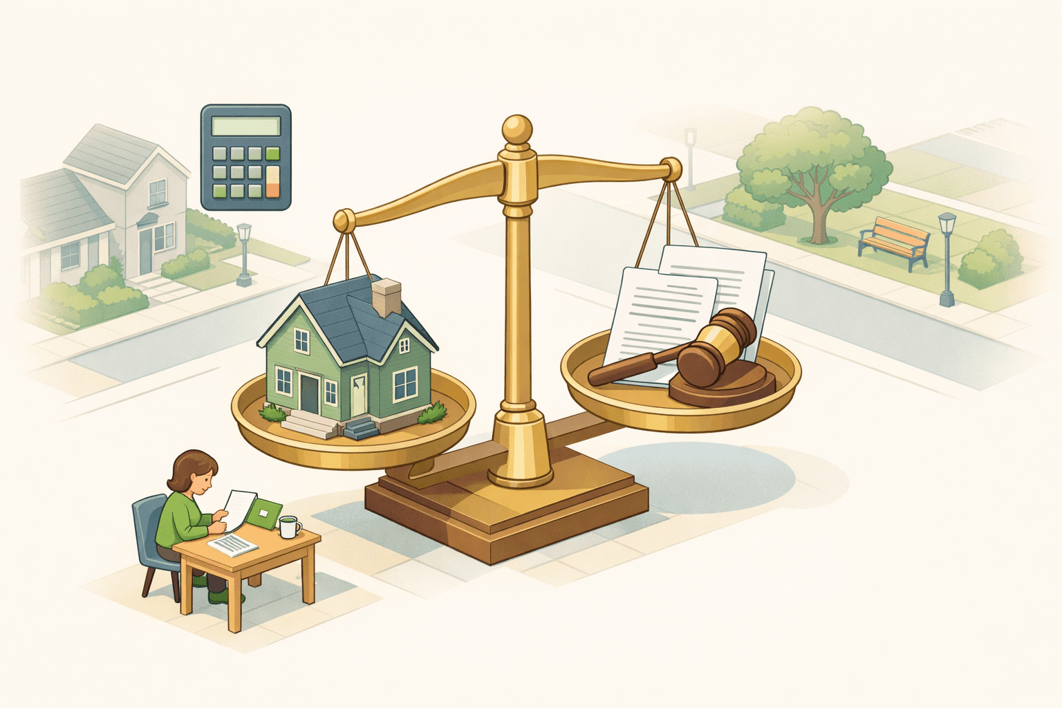 A person reviews mortgage documents and a divorce decree at a desk while calculating home affordability with alimony payments.