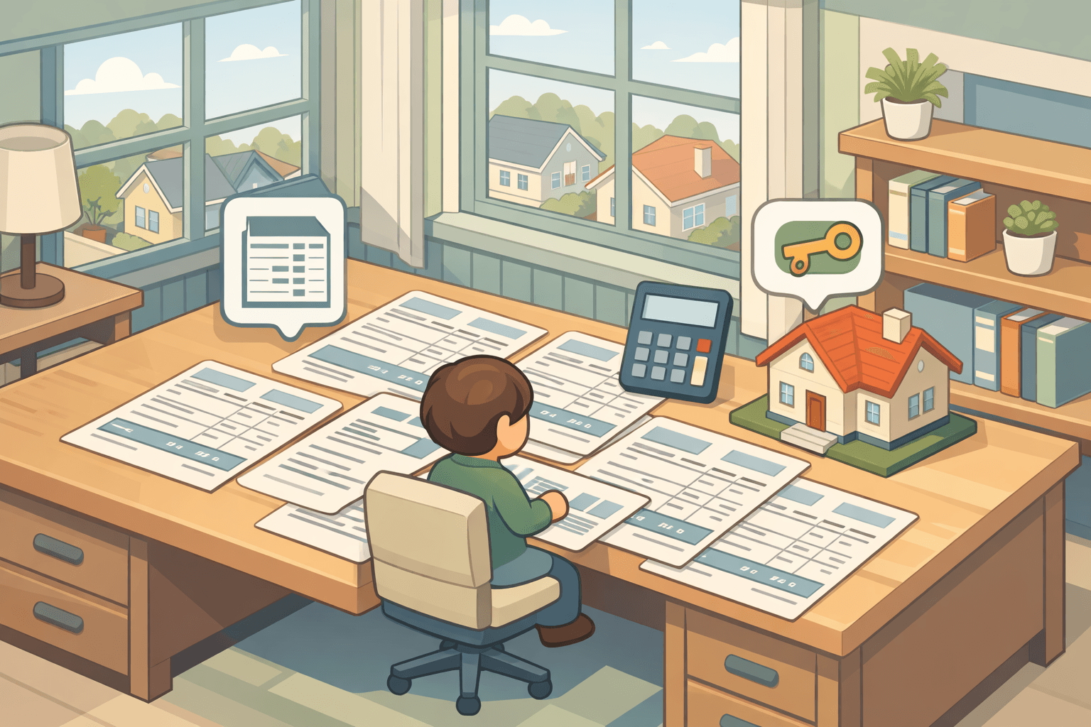 A person reviews pay stubs and commission documents at a desk while planning mortgage affordability for a new home purchase.