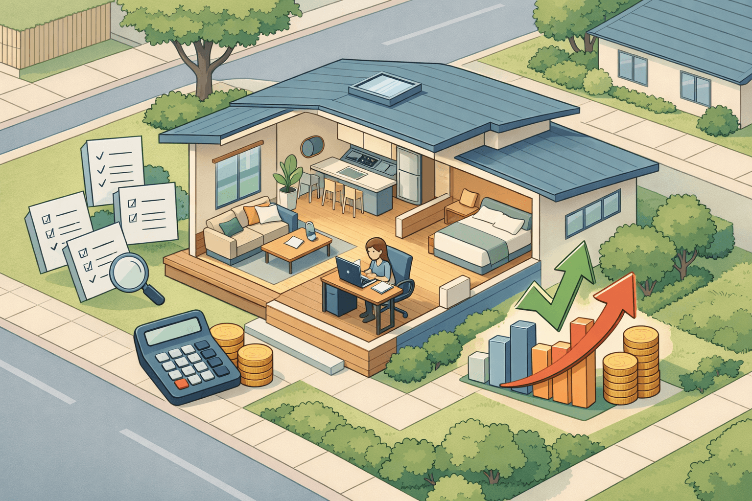 A stylized isometric home with floating document icons and a rising income graph representing commission-based mortgage affordability