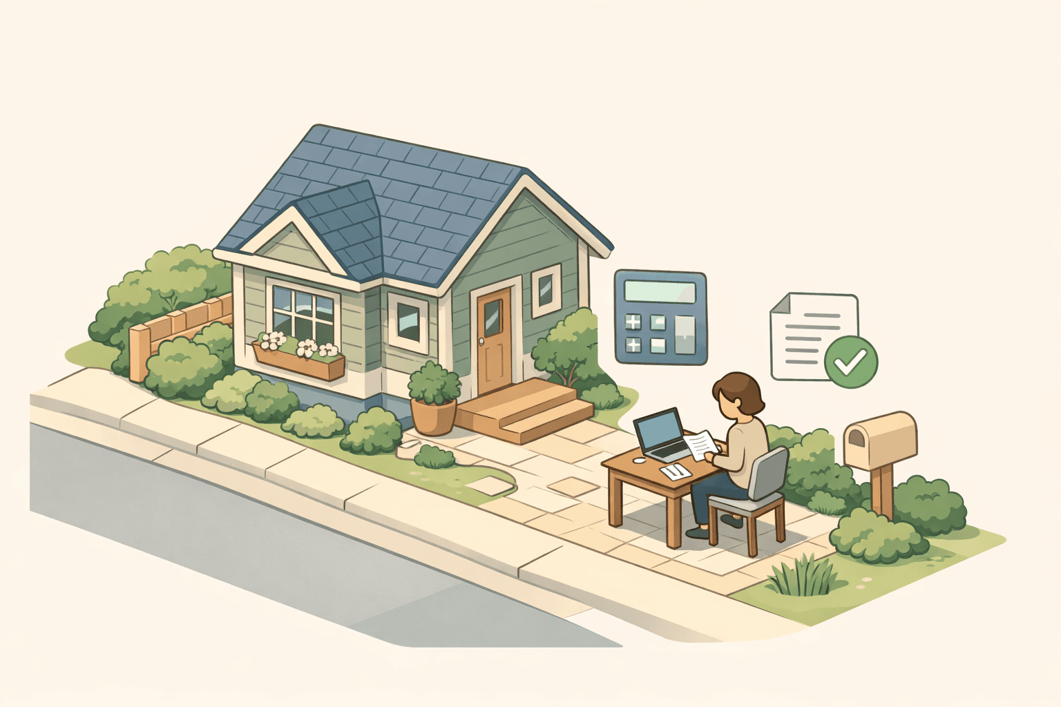 A person reviewing mortgage affordability documents at a desk outside a small house with a calculator nearby