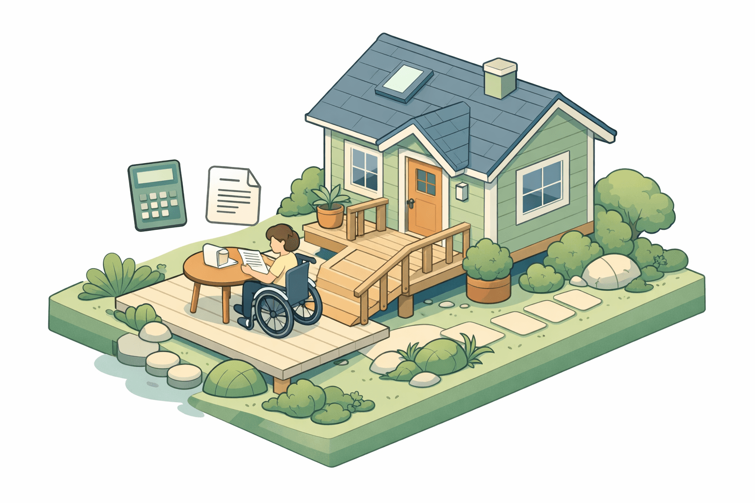 A small house with a wheelchair ramp and a person reviewing mortgage documents at an outdoor table