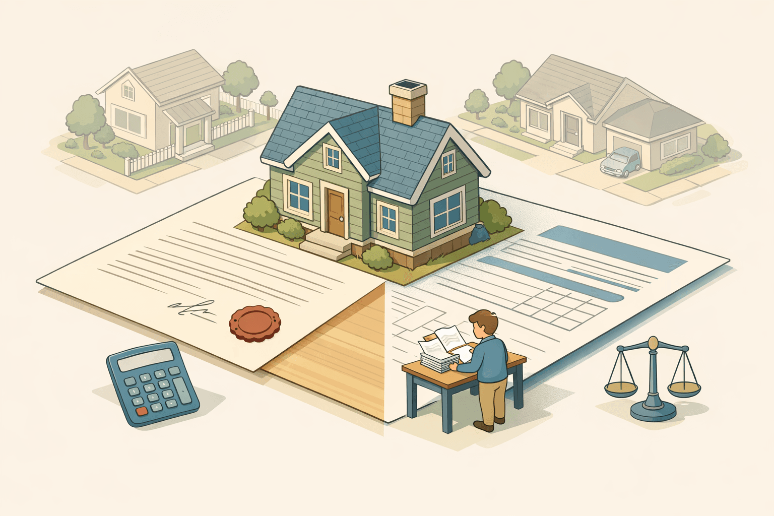 A person reviewing a divorce decree and mortgage documents at a desk with a small house model nearby
