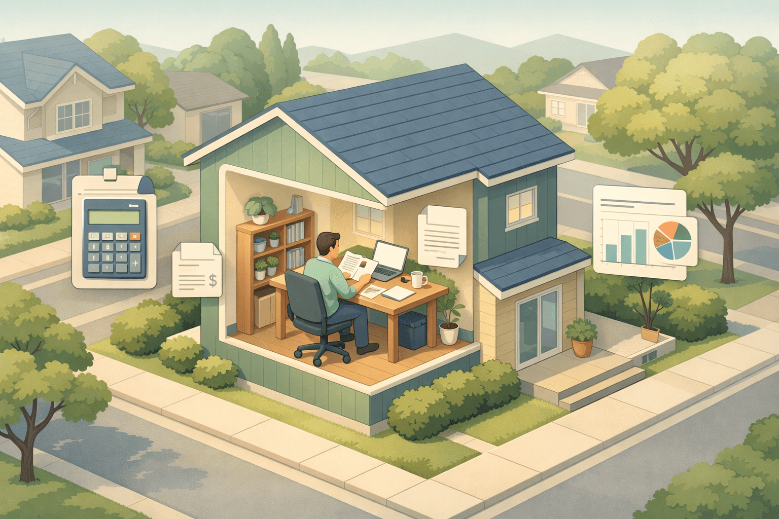 A freelancer reviews income documents at a desk inside a small home, with a calculator and paperwork nearby.