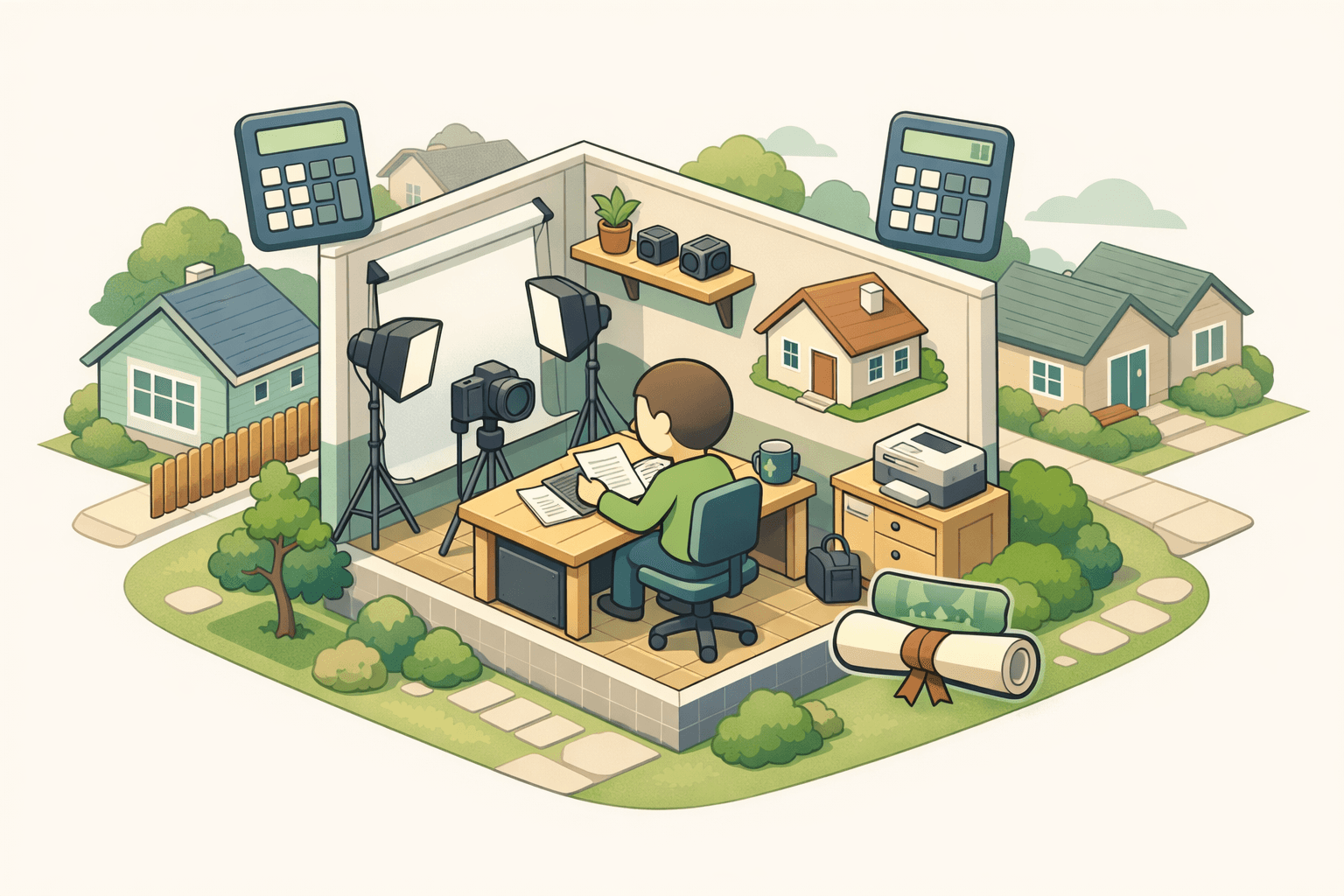 A freelance photographer reviews mortgage documents at a home desk surrounded by financial icons and a small house model
