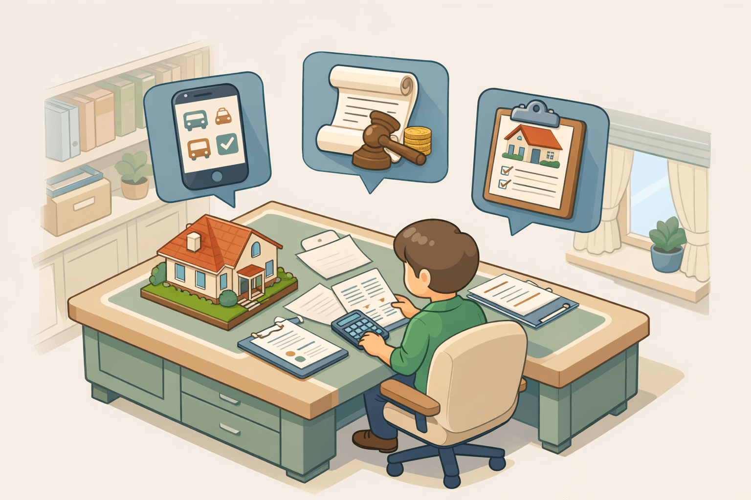 A person reviewing mortgage documents and a calculator beside a small house model with income and legal paperwork nearby