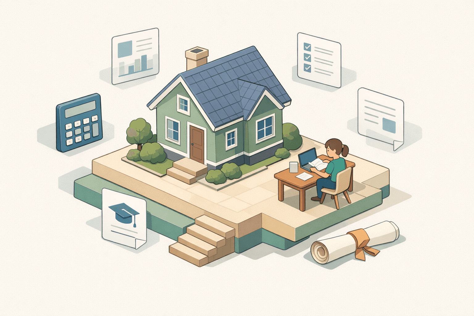 A gig worker reviews mortgage documents at a desk beside a small house model and student loan paperwork