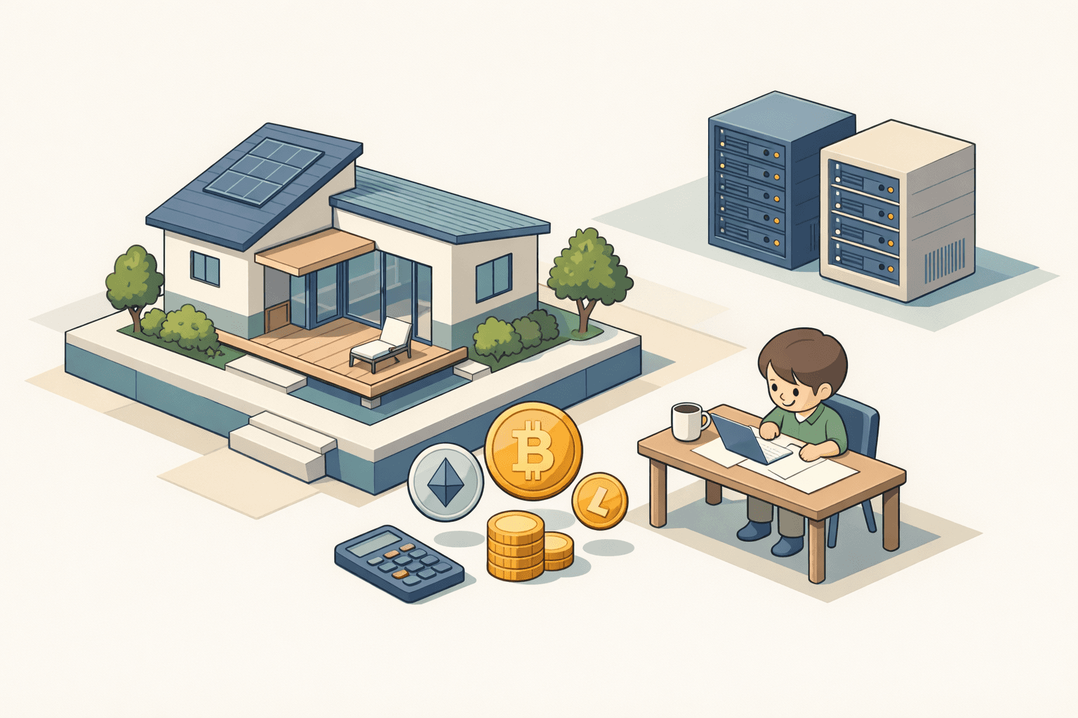 A small house beside a crypto mining server rack with a person reviewing mortgage documents at a desk